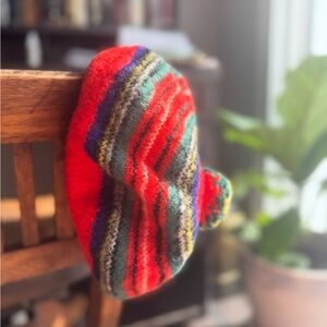 L.L. Bean Red and Blue Striped Wool Beret hat 100% wool